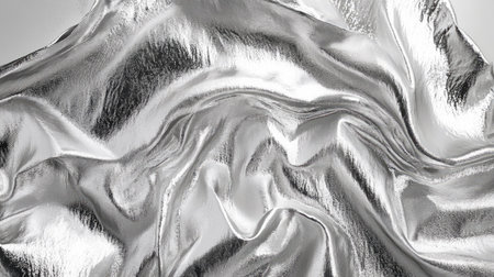 Smooth and fluid metallic waves in silver holographic foil, creating an elegant and dreamy abstract aesthetic.の素材