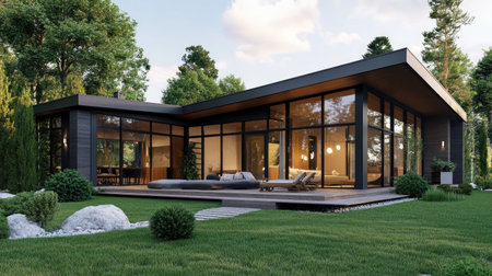 A stylish one-story L-shaped house with glass walls, a front balcony, 3 cozy bedrooms, 2 bathrooms, and a functional kitchen in 160 sq. m.の素材