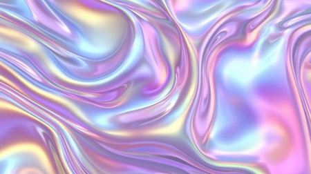 Luxurious silver chrome texture with smooth, abstract holographic waves, evoking a futuristic digital aesthetic.の素材