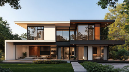 A sophisticated modern house featuring an L-shaped design, glass walls, a large front balcony, and a bright interior with 3 bedrooms and 2 bathrooms.の素材