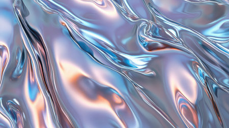 Reflective silver foil with liquid-like motion, featuring mesmerizing iridescent hues and abstract wave patterns.の素材