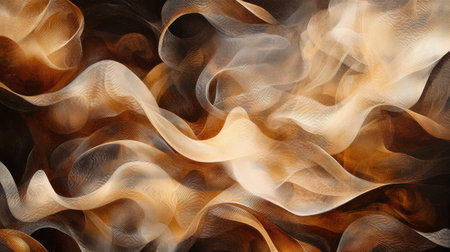Graceful wisps of brown smoke forming intricate swirling waves in a warm and inviting abstract composition.の素材