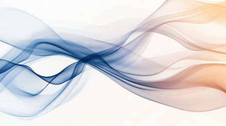 Graceful, flowing smoke waves in blue, gray, and brown creating a serene abstract design on a light background.の素材