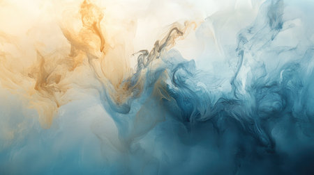 Abstract wisps of smoke in cool blue and warm brown tones blending smoothly on a light backdrop.の素材
