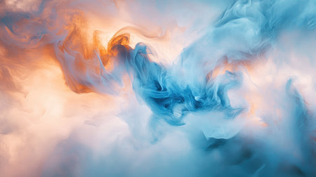 Abstract wisps of smoke in cool blue and warm brown tones blending smoothly on a light backdrop.の素材