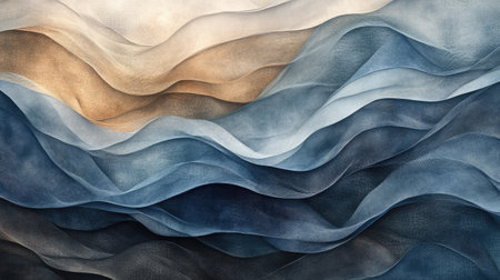 Soft, flowing waves of smoky textures in a harmonious blend of blue, gray, and brown on a neutral background.の素材