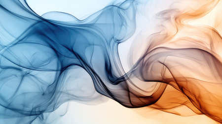 Abstract, artistic smoky waves in natural blue and earthy brown hues curling delicately over a neutral surface.の素材
