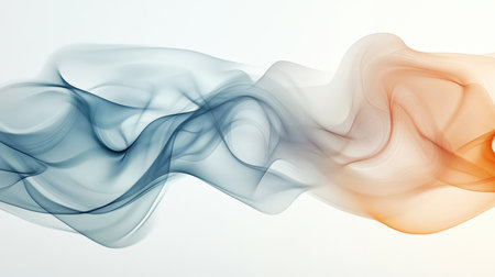 Graceful, flowing smoke waves in blue, gray, and brown creating a serene abstract design on a light background.の素材
