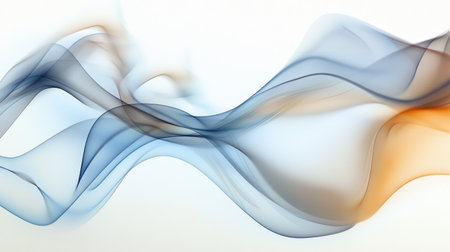 Graceful, flowing smoke waves in blue, gray, and brown creating a serene abstract design on a light background.の素材