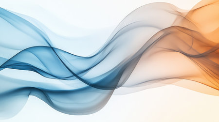 Minimalist abstract design with flowing smoky waves in blue, gray, and brown hues on a bright background.の素材