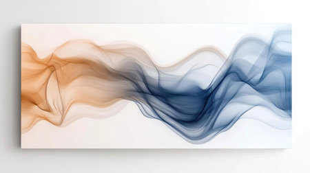 Minimalist smoke-inspired abstract waves in a delicate gradient of blue, brown, and gray tones on a bright canvas.の素材