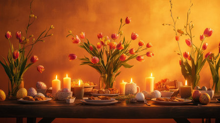 A refined Easter dining scene with fresh tulips, glowing candles, and a rustic wooden table set with seasonal treats against a warm orange background.の素材