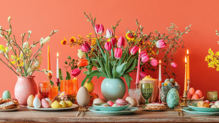 A colorful Easter tablescape with radiant tulips, warm candles, and a wooden table adorned with festive delights, set against a bold orange backdrop.の素材