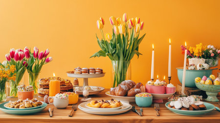 A stunning Easter dining setup with bright tulips, candlelit charm, and a wooden table decorated with seasonal treats against a vibrant orange backdrop.の素材