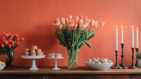 A stylish Easter brunch setup with fresh tulips, soft candlelight, and a rustic wooden table adorned with seasonal treats against a bold orange wall.の素材