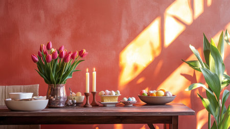 A stylish Easter brunch setup with fresh tulips, soft candlelight, and a rustic wooden table adorned with seasonal treats against a bold orange wall.の素材