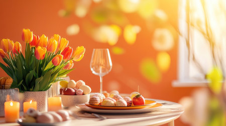 Elegant Easter dining table with bright tulips, soft candlelight, and festive treats, set against a modern and bold orange background.の素材