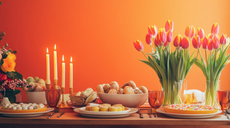 Bold and festive Easter dining scene--bright tulips, delicate candlelight, and a wooden table styled with treats against a vivid orange backdrop.の素材