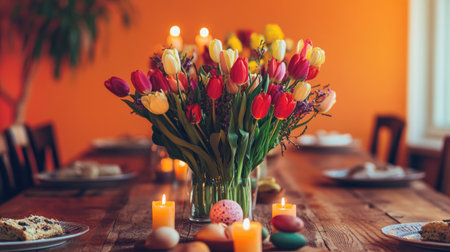 A stylish Easter tablescape featuring colorful tulips, flickering candles, and a wooden table with festive delights, framed by a striking orange background.の素材