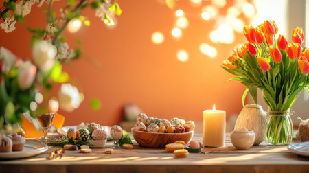 Festive Easter table vivid tulips, soft candlelight, and a wooden table adorned with elegant seasonal sweets against a warm orange background.の素材