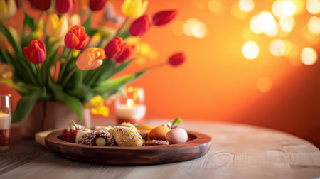 Elegant Easter dinner table--vibrant tulips, flickering candles, and a wooden setting filled with treats, framed by a striking orange background.の素材