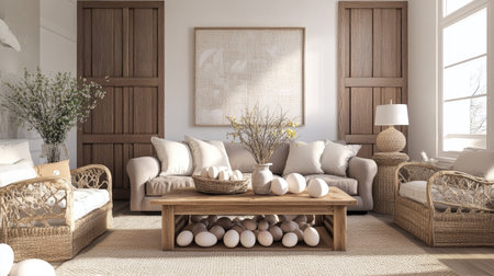 Elegant Easter-themed living room setup--wooden textures, a neutral color palette, and festive decor blending tradition with modernity.の素材