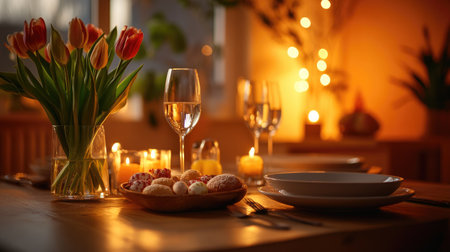 A cozy yet stylish Easter dining scene with a wooden table, fresh tulips, soft candlelight, and festive treats, set against a warm orange backdrop.の素材