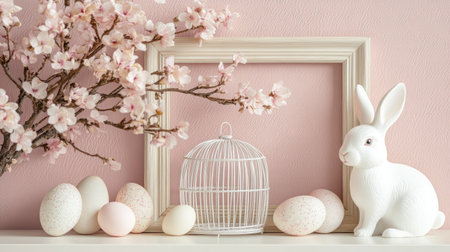 Aesthetic Easter home composition--mock-up frame, wooden cage, bunny figurine, and soft pastel elements arranged with elegance.の素材