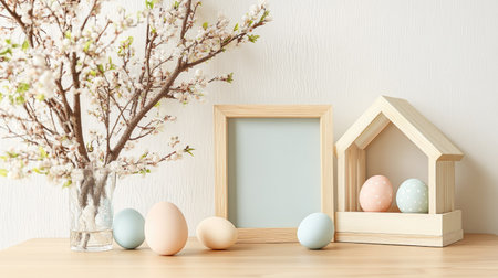 Soft pastel Easter styling--mock-up frame, wooden decor, festive eggs, and a cozy spring-inspired living room setup.の素材