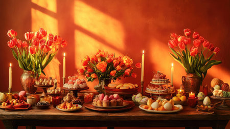 Chic Easter dinner scene with radiant tulips, glowing candles, and a rustic wooden table filled with seasonal treats, set against a striking orange wall.の素材