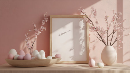 Japandi-style Easter living space--mock-up frame, wooden decor, pastel eggs, and simple yet refined festive details.の素材