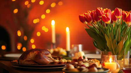 Vibrant Easter dining setting--tulips in full bloom, candlelit ambiance, and a wooden table filled with festive delicacies against an orange backdrop.の素材