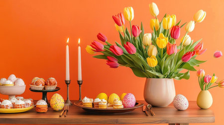 Modern Easter dining setup--vibrant tulips, elegant candles, and a wooden table adorned with festive sweets against a bold orange backdrop.の素材