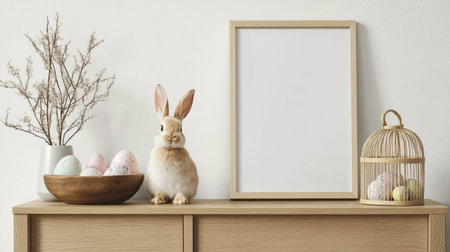 Cozy Easter living room with a wooden sideboard, mock-up poster frame, bunny figurine, stylish bowl, wooden cage, and colorful Easter eggs.の素材