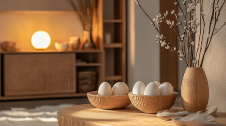 Japandi-inspired Easter elegance--wooden textures, warm lighting, and decorative eggs arranged in a cozy, modern living room.の素材
