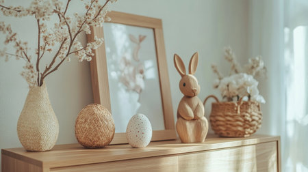 Festive and minimal Easter composition--wooden accessories, a mock-up frame, a cozy sideboard, and delicate seasonal decor.の素材
