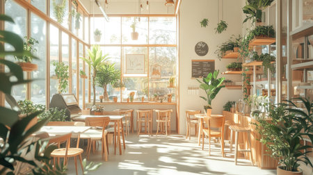 A cozy and modern cafe with soft white decor, warm wooden accents, and potted plants. Sunlight streams in through glass walls.の素材