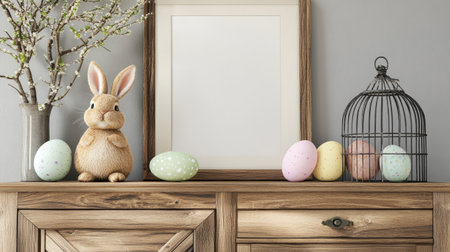 Modern Easter living room composition--mock-up frame, wooden sideboard, bunny figurine, cage, and colorful eggs arranged with style.の素材