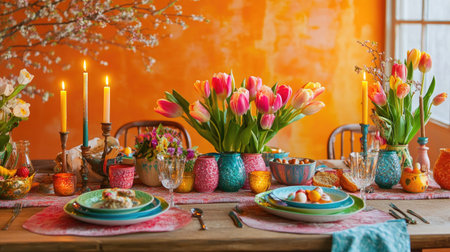 A colorful Easter tablescape with radiant tulips, warm candles, and a wooden table adorned with festive delights, set against a bold orange backdrop.の素材