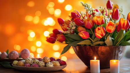 Elegant Easter dinner table--vibrant tulips, flickering candles, and a wooden setting filled with treats, framed by a striking orange background.の素材