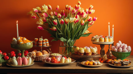 A festive Easter gathering--tulips in bloom, candlelit warmth, and a wooden table adorned with sweets and all set against a bold orange background.の素材