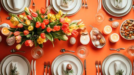 Elegant Easter dining table with bright tulips, soft candlelight, and festive treats, set against a modern and bold orange background.の素材
