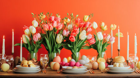 Modern Easter elegance--vibrant tulips, flickering candles, and a wooden dining table with festive delights, set against a striking orange background.の素材