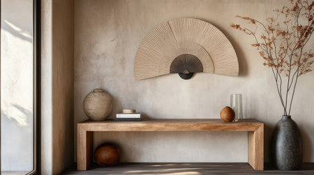 A clean and minimal wooden console table with tasteful decor, paired with a large decorative fan wall piece in warm tones.の素材