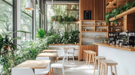 A chic cafe with white accents, earthy wood textures, and tropical green plants. Natural light fills the space through expansive glass panels.の素材