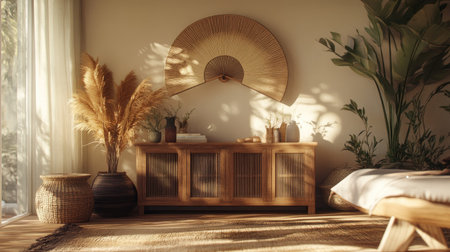 A cozy and artistic home scene with a wooden console table, earthy decor, and a statement fan wall piece creating a harmonious look.の素材