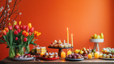Modern Easter dining setup--vibrant tulips, elegant candles, and a wooden table adorned with festive sweets against a bold orange backdrop.の素材