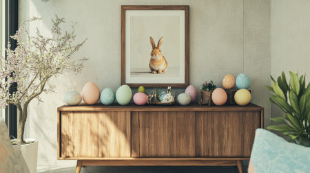Warm Easter-themed living room featuring a wooden sideboard, mock-up poster frame, and festive with pastel eggs and a bunny.の素材