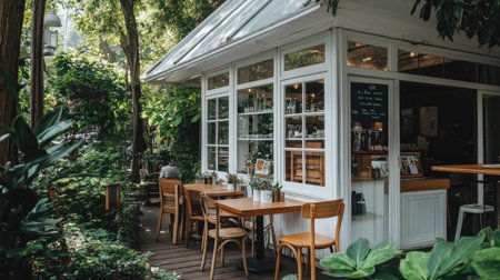 A charming cafe with a white and wooden aesthetic, surrounded by greenery. Glass walls and ceiling enhance the bright, open feel.の素材
