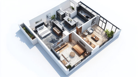 Stylish L-shaped home with a private courtyard, featuring 3 cozy bedrooms, 2 well-appointed bathrooms, and a high-end kitchen with premium finishes.の素材